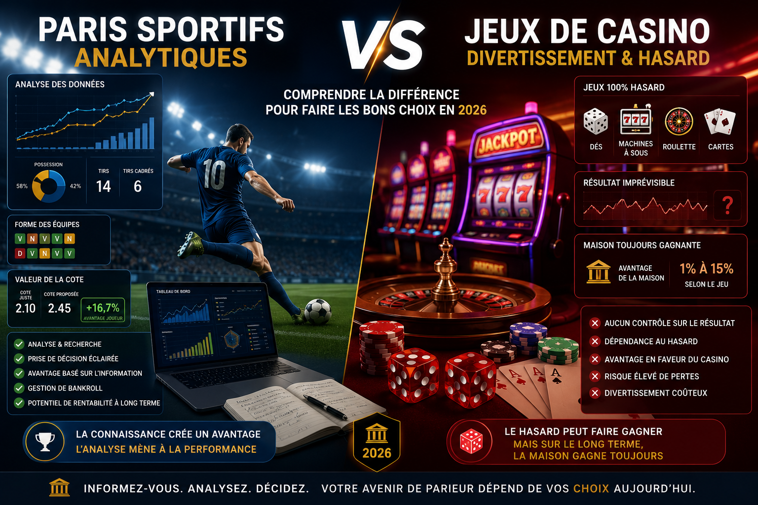 Comparaison visuelle entre les paris sportifs analytiques et les jeux de casino en 2026 — d'un côté des statistiques sportives et graphiques de données, de l'autre des dés et machines à sous