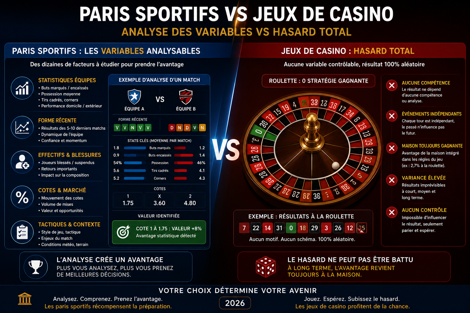 Infographie comparative illustrant les variables analysables dans les paris sportifs — statistiques, forme, blessures, cotes — versus l'aléatoire total des jeux de casino comme la roulette