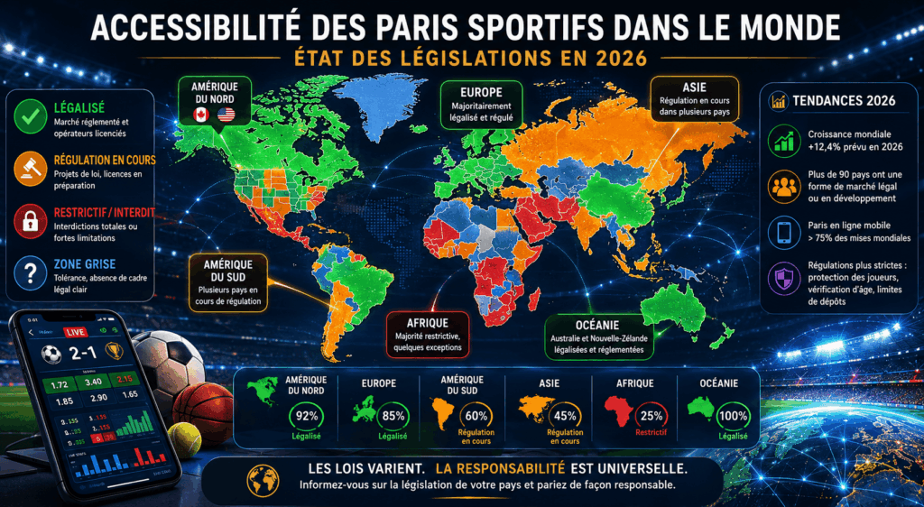 Carte mondiale illustrant l'accessibilité aux paris sportifs en ligne en 2026 — zones légalisées, zones restreintes et marchés en cours de régulation par région