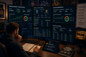 Parieur analysant des statistiques sportives sur plusieurs écrans pour évaluer la rentabilité des paris sportifs en 2026
