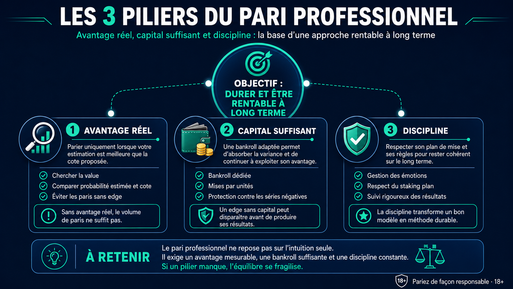 Schéma illustrant les trois piliers du pari professionnel : avantage réel, capital suffisant et discipline