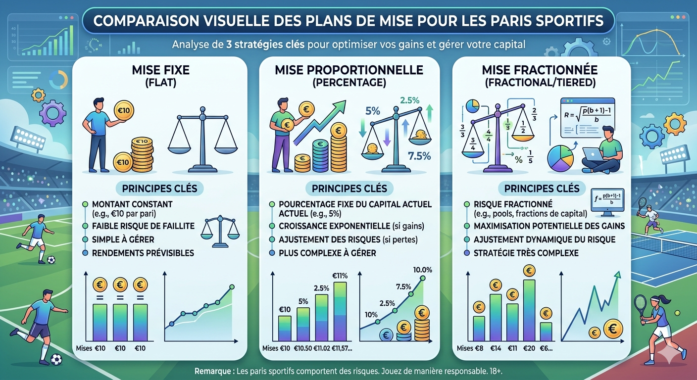 Comparaison visuelle des plans de mise fixe, proportionnelle et fractionnée pour les paris sportifs