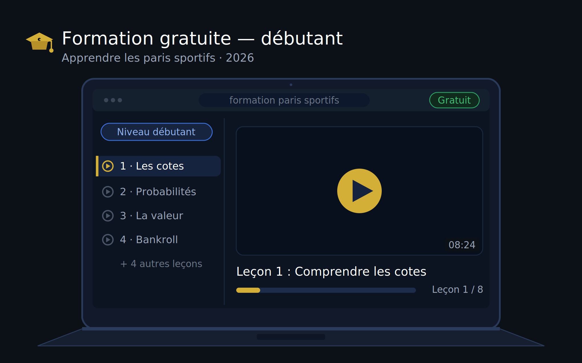 Débutant suivant une formation gratuite en paris sportifs sur un ordinateur portable en 2026